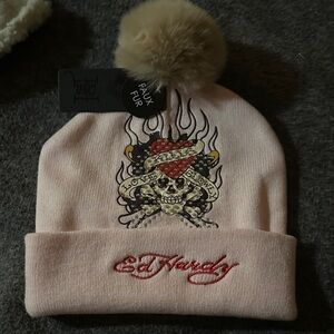 Ed Hardy Light Pink Beanie with Skull Design